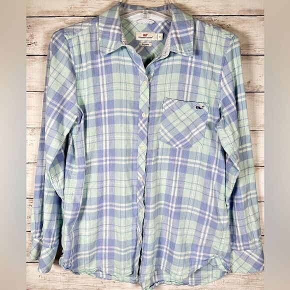 Vineyard Vines Pacific Plaid Relaxed Fit Brushed Cotton Linen Shirt Blue Size 6 - Picture 2 of 6